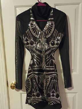 Weissman Black Mesh Long Sleeve Jazz  Dress with Silver Sequin Geometric Design